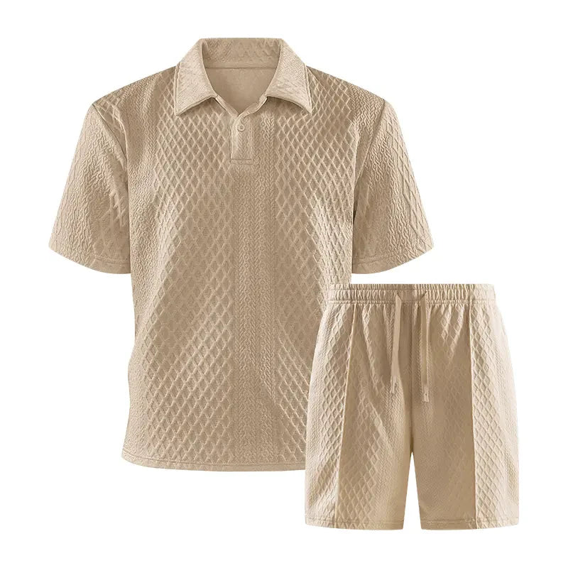 Elevate Your Summer Style with Our Men's Solid-Color Polo Shirt and Drawstring Shorts Set - Perfect for Everyday Outdoor Adventures